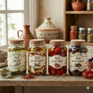 مرطبان لبنة كرات بالزيت بالنكهات